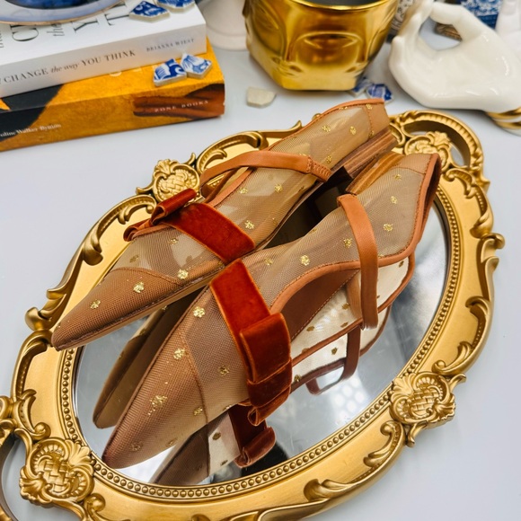 🆕 MALONE SOULIERS 🧿 BNWOB Tan Mesh Mules with Brown Velvet Bow Size 36 - 6 - Picture 11 of 16